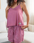 Women Summer Pajama Set Cashmere Top + Floral Outline Shorts